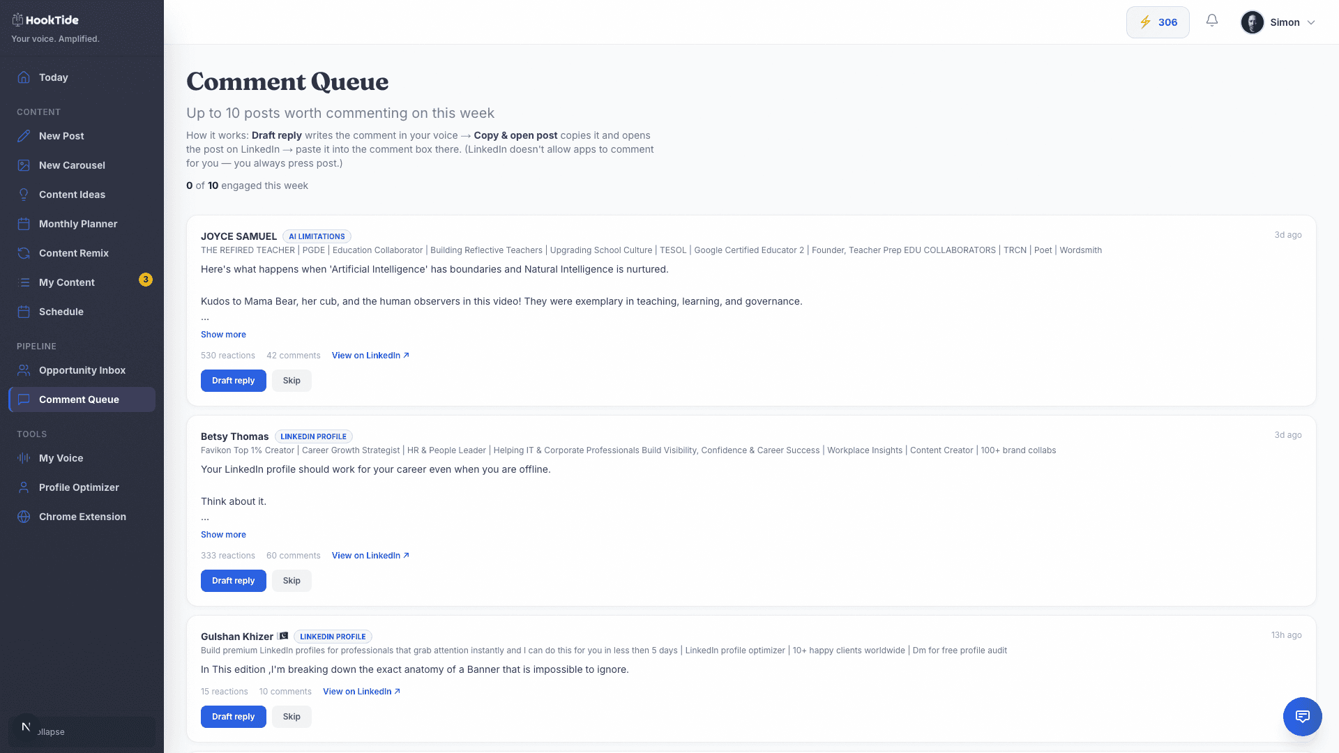 HookTide Comment Queue: posts worth commenting on this week, replies pre-drafted in your voice