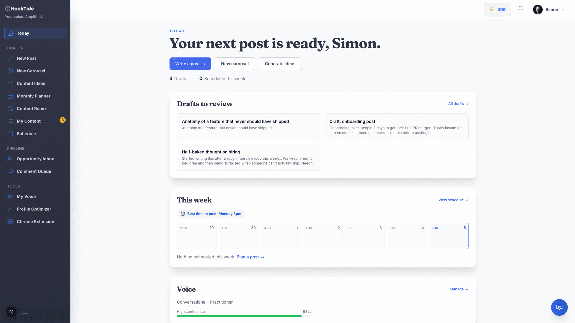 The HookTide app: your next actions and posts, ready when you log in