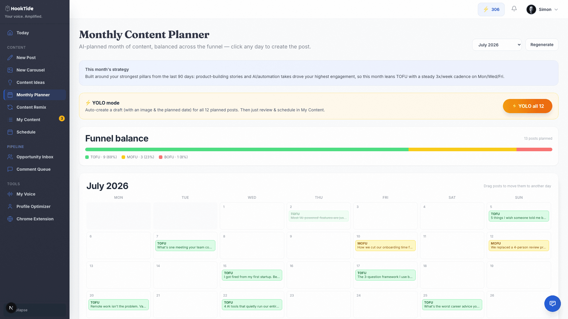 HookTide Monthly Planner: a month of content mapped out and balanced across the funnel