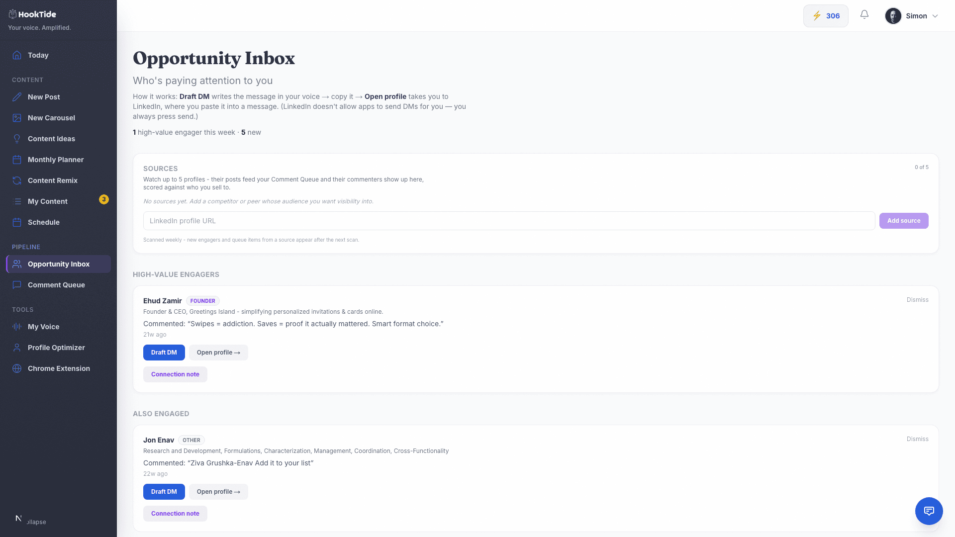 HookTide Opportunity Inbox: high-value engagers ranked, with a DM drafted in your voice