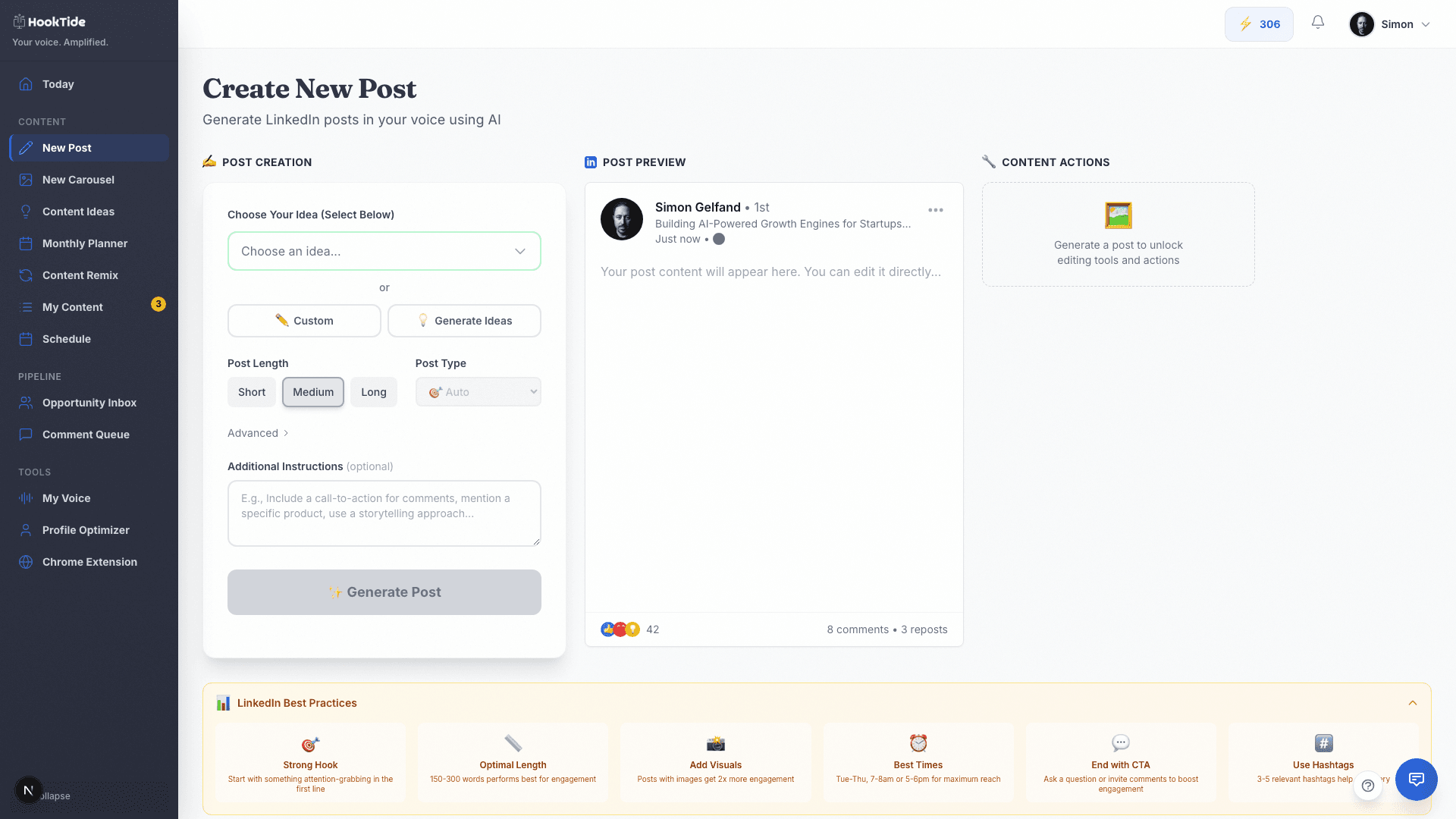 HookTide post composer with a live LinkedIn preview